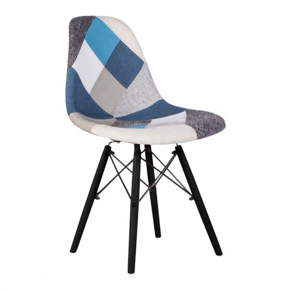 Stol Perdita iz patchwork tkanine z lesenimi nogami s črno kovinsko podporo Stol Perdita iz patchwork tkanine z lesenimi nogami s črno kovinsko podporo