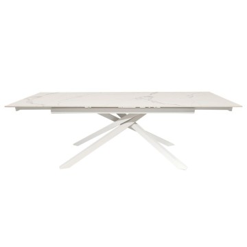 Raztegljiva miza Nefti s svetlečim kiparskim belim keramičnim vrhom in belimi nogami