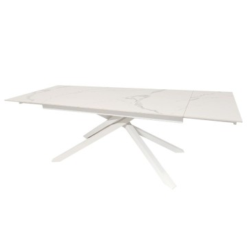 Raztegljiva miza Nefti s svetlečim kiparskim belim keramičnim vrhom in belimi nogami