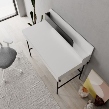 Bela pisalna miza z antracitnimi detajli in črnimi nogami Leila 110x60x101