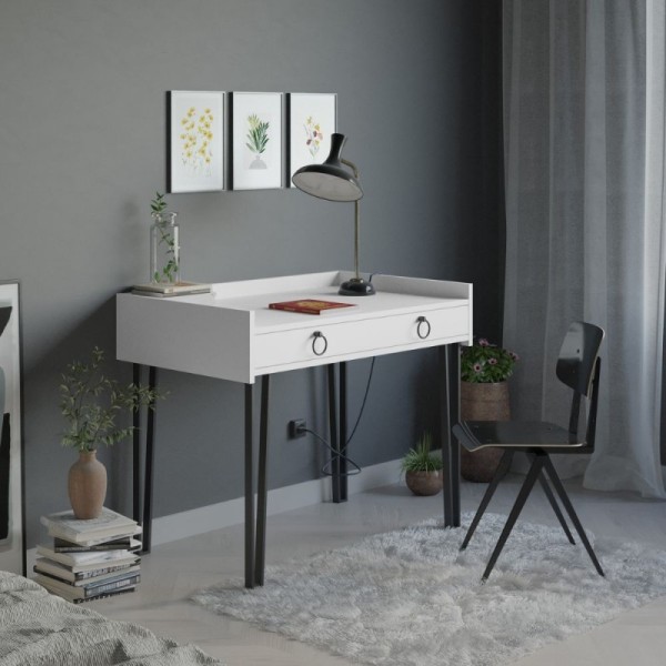 Bela pisalna miza s črnimi kovinskimi nogami in predalom Sponge 100x62x81,5 Bela pisalna miza s črnimi kovinskimi nogami in predalom Sponge 100x62x81,5