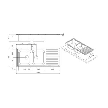 Pomivalno korito z dvojno skledo in desnim odcejalnikom 116x50 cm - Samet SAXT333A