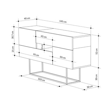 Pribornik iz naravnega lesa in črnega marmorja z učinkom 2 vrat in 2 predala Eros 145x40x82h