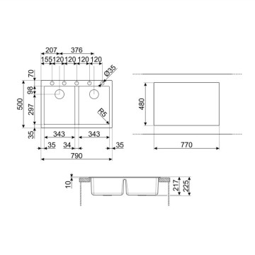 Smeg VZ3434P panna 2 umivalnika za vgradnjo 79x50