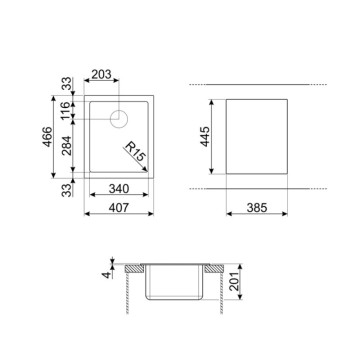 Smeg VQR40 brušeno nerjaveče jeklo z eno skledo, polpriloženo pomivalno korito 40x46
