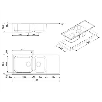 Smeg LG116D2 vgradno pomivalno korito iz brušenega nerjavnega jekla z dvema skledama in desnim odcejalnikom 116x50