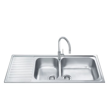 Smeg LGM116S nerjaveče jeklo 2 skodelici polpriloženega pomivalnega korita s pladnjem za odkapavanje levo 116x50
