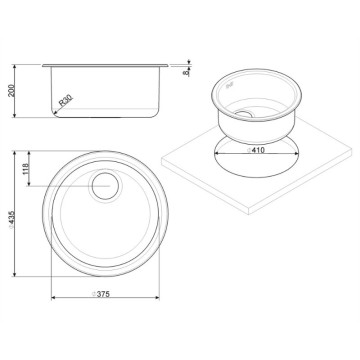Smeg 10I3PN PVD črna mat enojna skleda vgradnega okroglega umivalnika 43,7x43,7