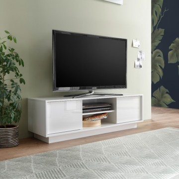 TV stojalo z 2 vrati in odprtim predalom v sijajni beli barvi Ice 139x43x44H
