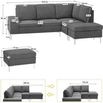 Dina bež tkanina desni kotni kavč z naslonom za roke 218X172X87H