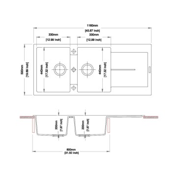 Kuhinjsko pomivalno korito z 2 skledama in odcejalnikom belo 116x50 Enigma D200