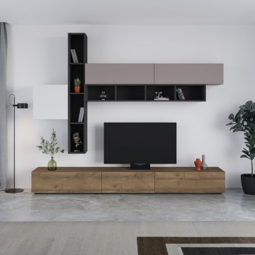 Modna bela in golobje siva antracitna stenska enota iz orehovega lesa 275x40x205H