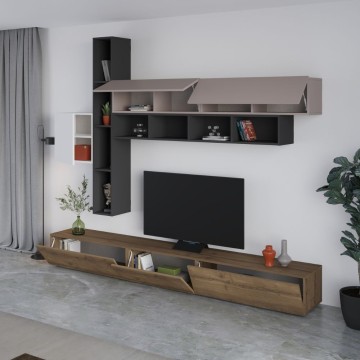 Modna bela in golobje siva antracitna stenska enota iz orehovega lesa 275x40x205H