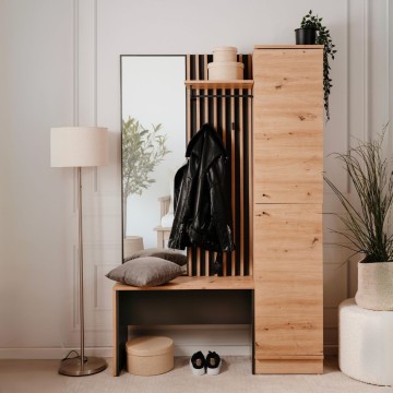 Vhodna omarica z rebrasto sprednjo stranjo in ogledalom Medan42B barva antracit hrast 122x37x190H