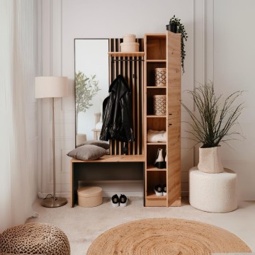Vhodna omarica z rebrasto sprednjo stranjo in ogledalom Medan42B barva antracit hrast 122x37x190H