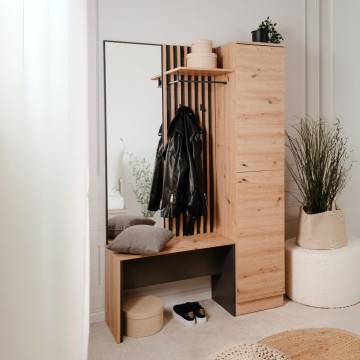 Vhodna omarica z rebrasto sprednjo stranjo in ogledalom Medan42B barva antracit hrast 122x37x190H