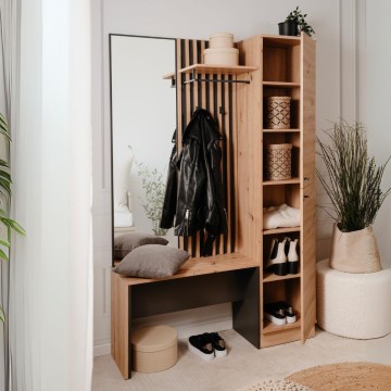 Vhodna omarica z rebrasto sprednjo stranjo in ogledalom Medan42B barva antracit hrast 122x37x190H