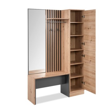 Vhodna omarica z rebrasto sprednjo stranjo in ogledalom Medan42B barva antracit hrast 122x37x190H