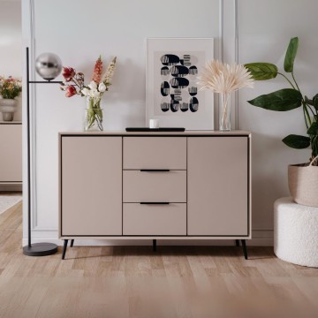 Kredenca peščene barve s črnimi detajli 2 vrati in 3 predali Arona01B 135x38x90H