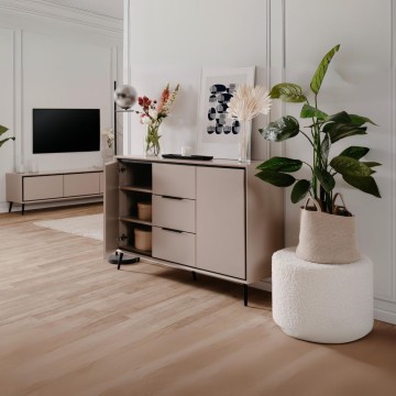 Kredenca peščene barve s črnimi detajli 2 vrati in 3 predali Arona01B 135x38x90H