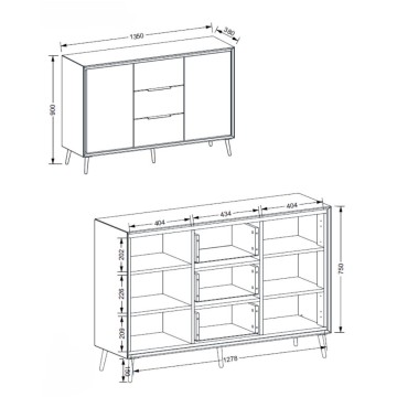 Bela kredenca s hrastovimi detajli 2 vrati in 3 predali Arona01B 135x38x90H