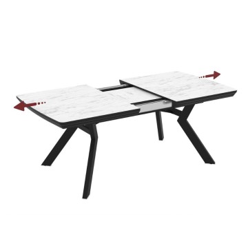 Tavolo rettangolare piano effetto marmo bianco opaco e gambe in metallo 160x100x76H allungabile a 360 Robat