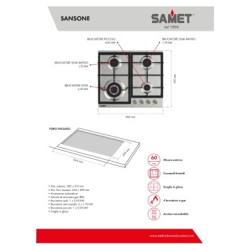 Samet Sansone60 Plinska kuhalna plošča s 4 gorilniki 60 cm iz nerjavečega jekla