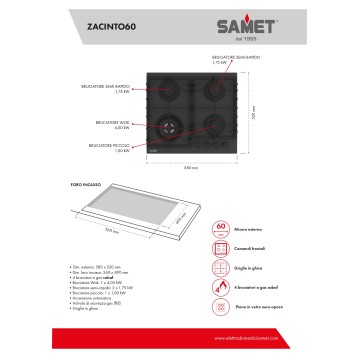 Samet Zacinto60 Plinska kuhalna plošča s 4 gorilniki 60 cm mat črna satenasto kaljeno steklo