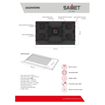 Samet Zacinto90 Plinska kuhalna plošča s petimi gorilniki 90 cm mat črno satenasto kaljeno steklo