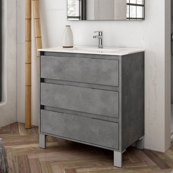 Kopalniška omarica Bolton cementne barve 80x45x84H s 3 predali: sodoben dizajn in brezkompromisna funkcionalnost Kopalniška omarica Bolton cementne barve 80x45x84H s 3 predali: sodoben dizajn in brezkompromisna funkcionalnost