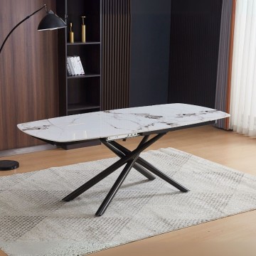 Astrid 140x90x76H sijoča bela keramična podaljšana mizna plošča z učinkom marmorja