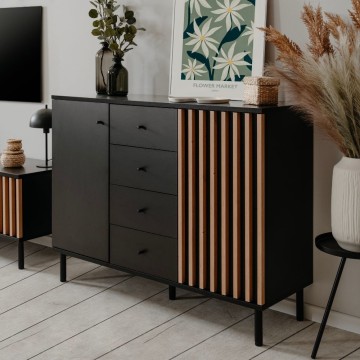 Moderna kredenca 3 vrata in 4 predali črna s hrastovimi trakovi Monza 51C 160x40x90H