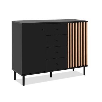 Moderna kredenca 3 vrata in 4 predali črna s hrastovimi trakovi Monza 51C 160x40x90H