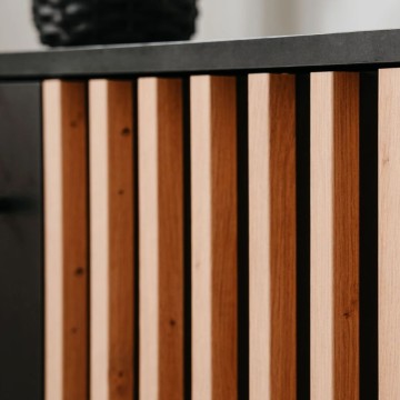 Moderna kredenca 3 vrata in 4 predali črna s hrastovimi trakovi Monza 51C 160x40x90H