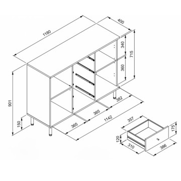 Moderna kredenca 3 vrata in 4 predali črna s hrastovimi trakovi Monza 51C 160x40x90H