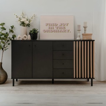 Moderna kredenca 3 vrata in 4 predali črna s hrastovimi trakovi Monza 51C 160x40x90H