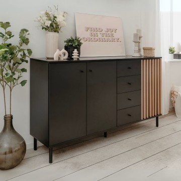 Moderna kredenca 3 vrata in 4 predali črna s hrastovimi trakovi Monza 51C 160x40x90H