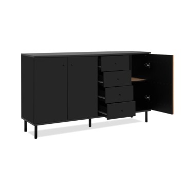 Moderna kredenca 3 vrata in 4 predali črna s hrastovimi trakovi Monza 51C 160x40x90H