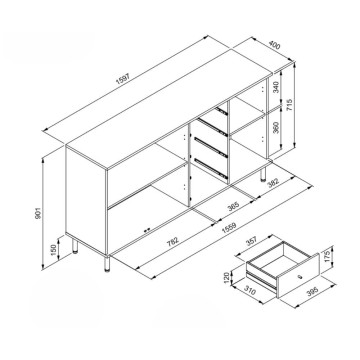 Moderna kredenca 3 vrata in 4 predali črna s hrastovimi trakovi Monza 51C 160x40x90H