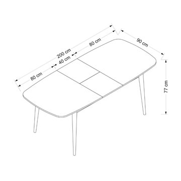 Raztegljiva miza Prime s kašmirskim vrhom in črnimi nogami 160x90x77H
