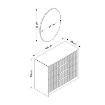 Komoda s 4 predali in kašmirskim ogledalom Kale z rebrastim učinkom 100x45x85H