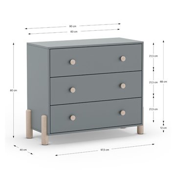 Komoda iz masivnega lesa Enola s 3 predali v barvi kaki zelene barve in nogami iz naravnega bora 90x40x80H