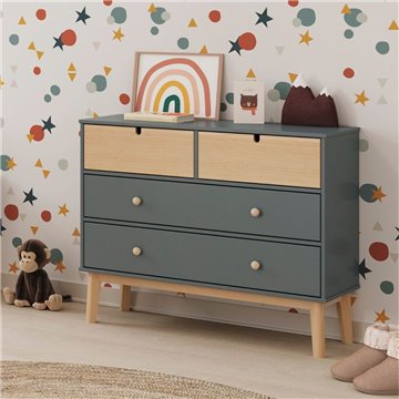 Komoda s 4 predali, kaki zelena in bor Estefania 100x40x81H - Masivni les za prijetne prostore