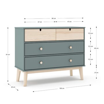 Komoda s 4 predali, kaki zelena in bor Estefania 100x40x81H - Masivni les za prijetne prostore