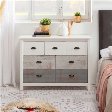 Romantica 110x40x80H Bela in siva komoda iz masivnega lesa - Naravna eleganca s 7 predali