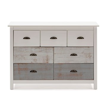 Romantica 110x40x80H Bela in siva komoda iz masivnega lesa - Naravna eleganca s 7 predali