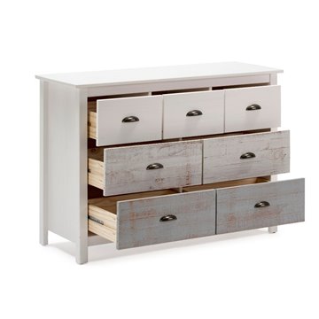 Romantica 110x40x80H Bela in siva komoda iz masivnega lesa - Naravna eleganca s 7 predali