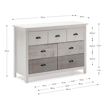 Romantica 110x40x80H Bela in siva komoda iz masivnega lesa - Naravna eleganca s 7 predali