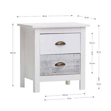Romantica 46x35x49,5H lesena nočna omarica iz masivnega belega in sivega lesa - Natural Elegance z 2 predaloma