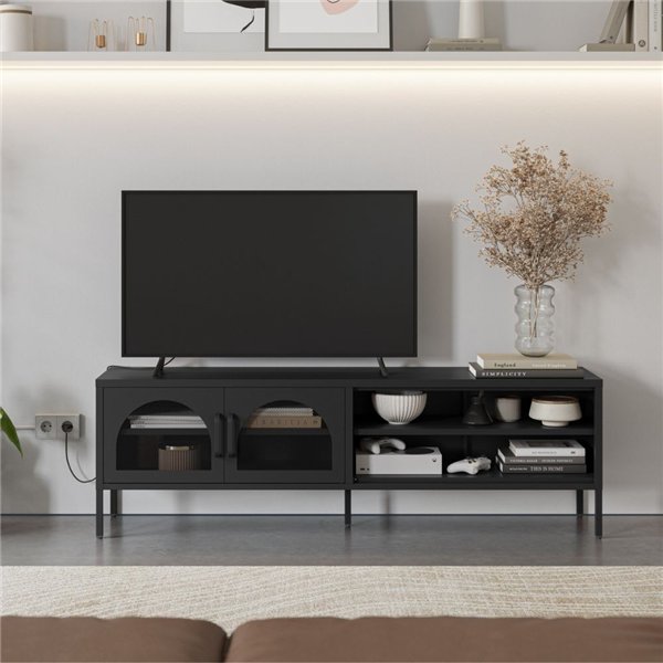 Mobile porta TV in metallo Diora nero con 2 ante reticolate 160x35x50H - Design industriale, anima versatile Mobile porta TV in metallo Diora nero con 2 ante reticolate 160x35x50H - Design industriale, anima versatile